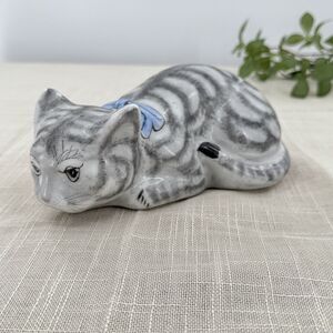 Vintage Ceramic Hand Painted Gray Tabby 8 inch Sleeping Cat Statue